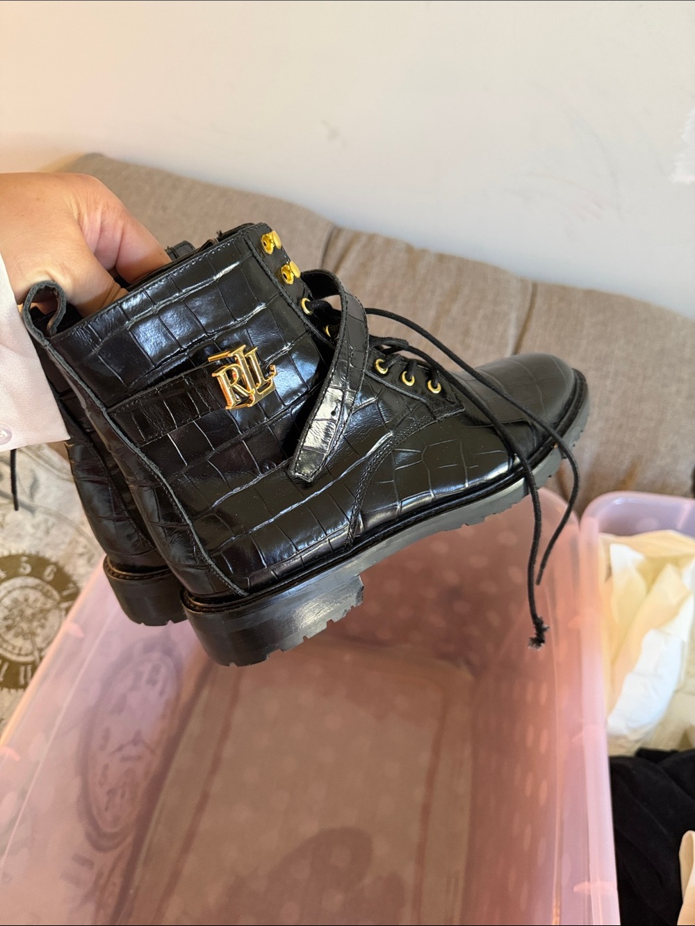 Ralph Lauren Black Croc-Embossed Lace-Up Combat Boots with Gold RL Hardware